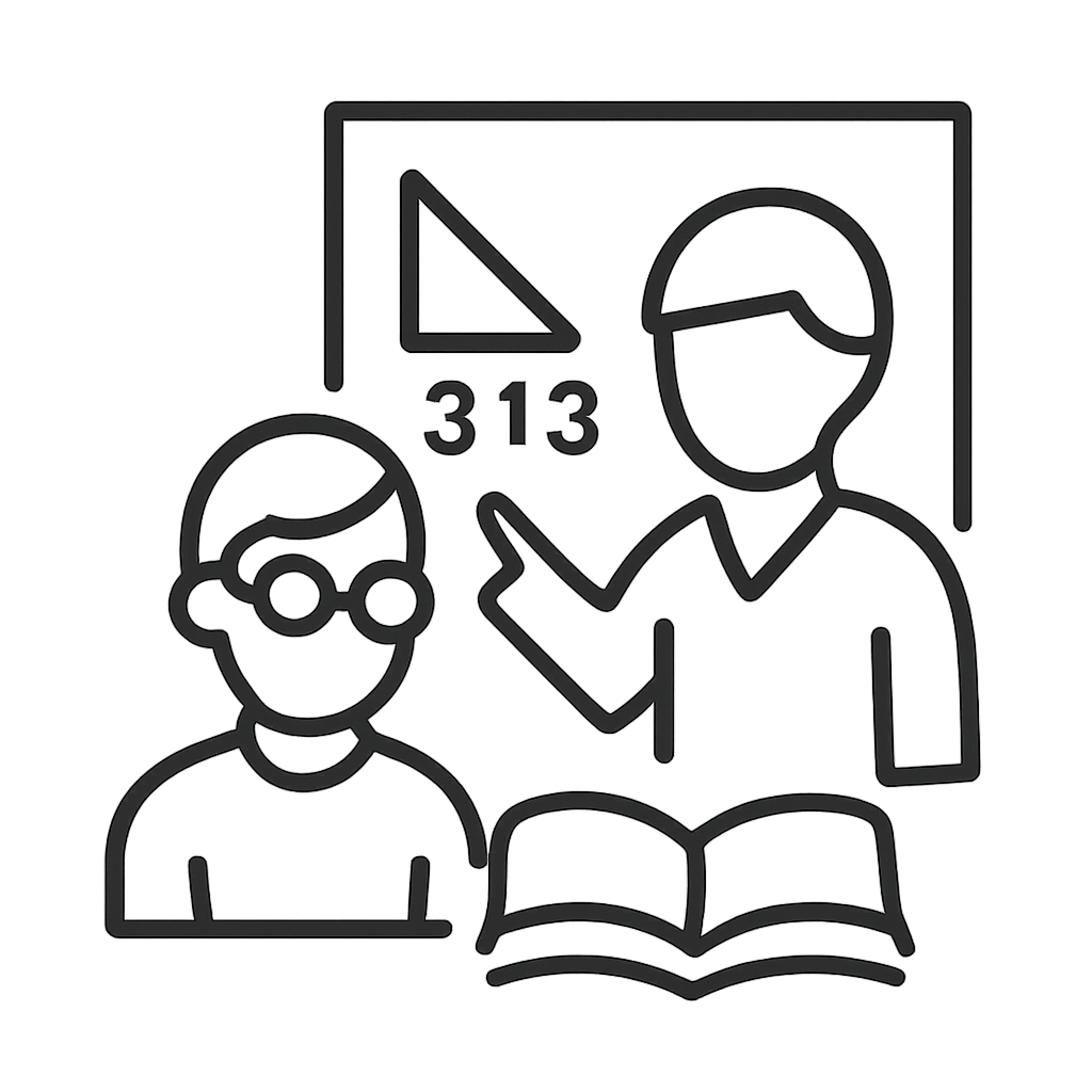 A simple line drawing of two schoolchildren with their teacher, in front of a rectangular blackboard with math signs.